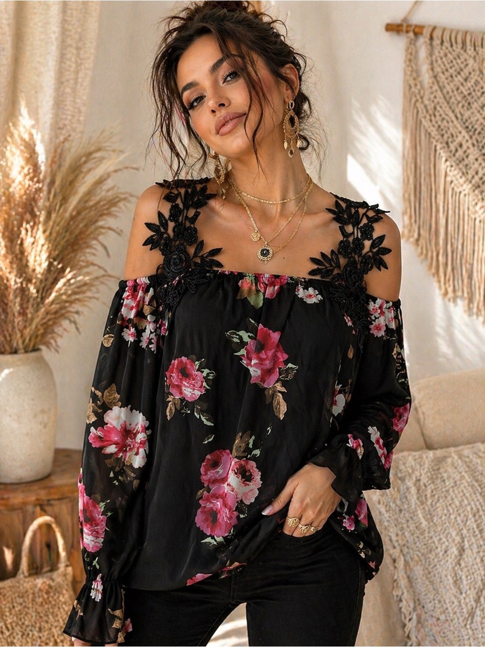 Black Floral Off Shoulder Blouse Lace Strap Boho Top Size L NWOT Flowy Romantic